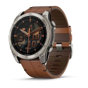 Смарт-годинник Garmin Fenix 8 – 51 мм, AMOLED Sapphire, титан DLC Carbon Gray та каштановий шкіряний ремінець