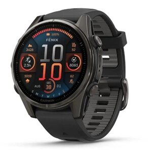 Смарт-годинник Garmin Fenix 8 – 43 мм, AMOLED Sapphire, титан з DLC-покриттям Carbon Gray та силік ремін чор/сір кольору