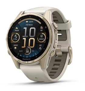 Смарт-годинник Garmin Fenix 8 – 43 мм, AMOLED Sapphire, золотистий із сіро-пісочним силіконовим ремінцем