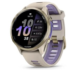 Смарт-годинник Garmin Forerunner 970 із золотистим титановим безелем, сірим корпусом і ремінцем франц. сірий/індиго