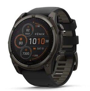 Смарт-годинник Garmin Fenix 8 – 51 мм, Solar Sapphire, титан з DLC-покриттям Carbon Gray та силік. рем. чор/сір кольору