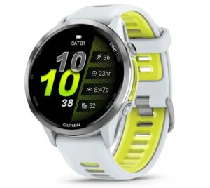 Смарт-годинник Garmin Forerunner 970 з титановим безелем, корпусом кольору білого каменю і біло-жовтим ремінцем