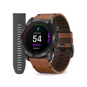 Смарт-годинник Garmin Epix Pro (Gen 2) - Sapphire Edition 51 mm - титан DLC Carbon з каштановим шкіряним ремінцем