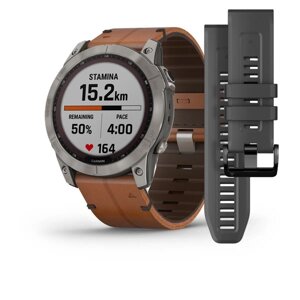 Смарт-годинник Garmin Fenix 7X Sapphire Solar титановий з каштановим шкіряним ремінцем