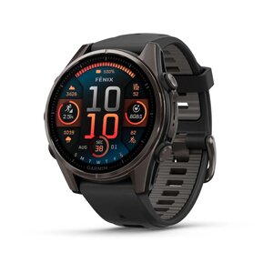 Смарт-годинник Garmin Fenix 8 – 43 мм, AMOLED Sapphire, титан DLC Carbon Gray та чорно-сірий силіконовий ремінець