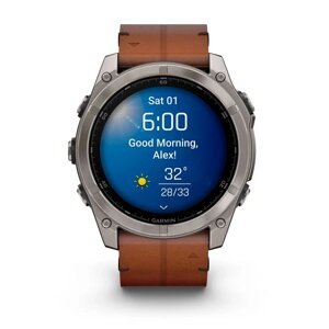 Смарт-годинник Garmin Fenix 8 – 51 мм, AMOLED Sapphire, титан DLC Carbon Gray та каштановий шкіряний ремінець