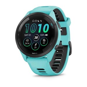 Смарт-годинник Garmin Forerunner 265 з чорним безелем, корпусом кольору аква та аква-чорним силіконовим ремінцем