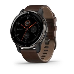 Смарт-годинник Garmin Venu 2 Plus сірий з сірим безелем та коричневим шкіряним ремінцем