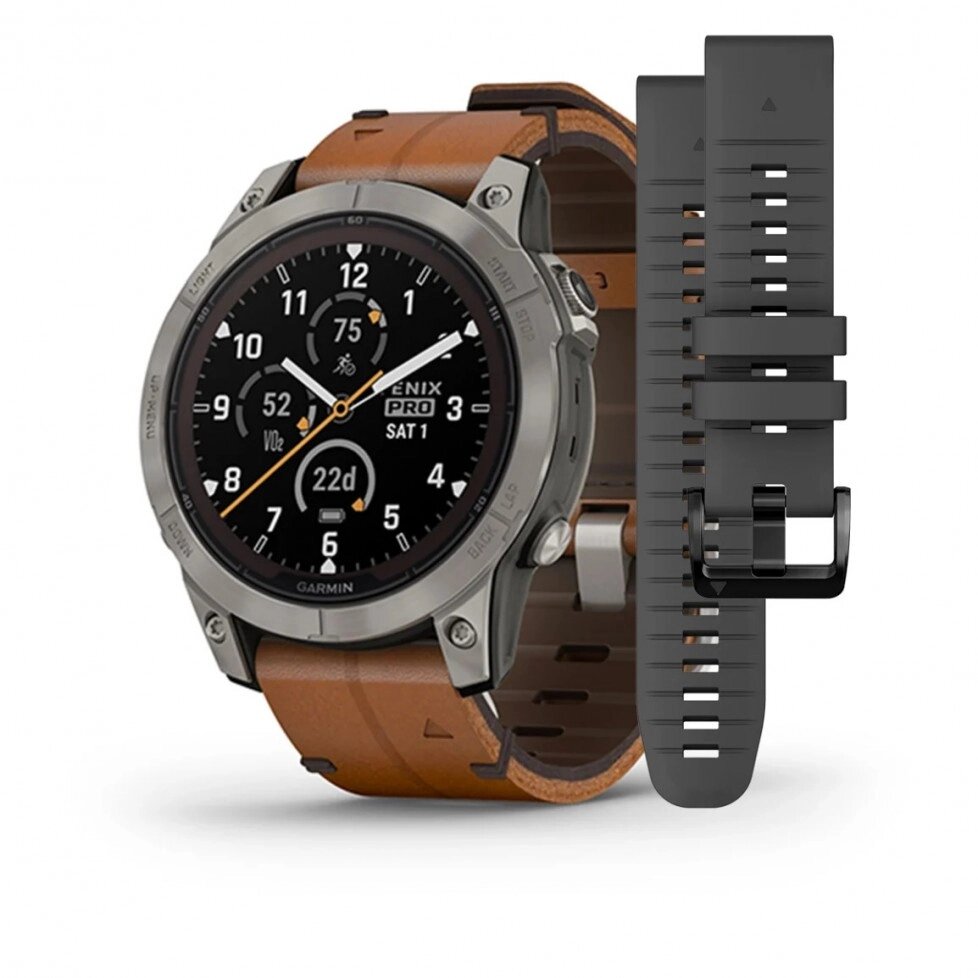 Смарт-годинник Garmin Fenix 7 Pro - Sapphire Solar Edition - титановий корпус з каштановим шкіряним ремінцем від компанії Garmin - фото 1