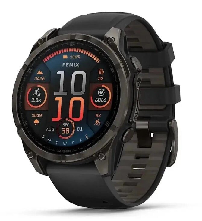 Смарт-годинник Garmin Fenix 8 – 47 мм AMOLED Sapphire, титан DLC Carbon Gray та чорно-сірий силіконовий ремінець від компанії Garmin - фото 1