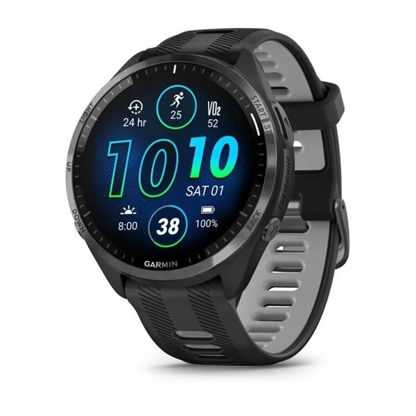 Смарт-годинник Garmin Forerunner 965 з карбоново-сірим титановим безелем, чорним корпусом та чорно-сірим ремінцем від компанії Garmin - фото 1