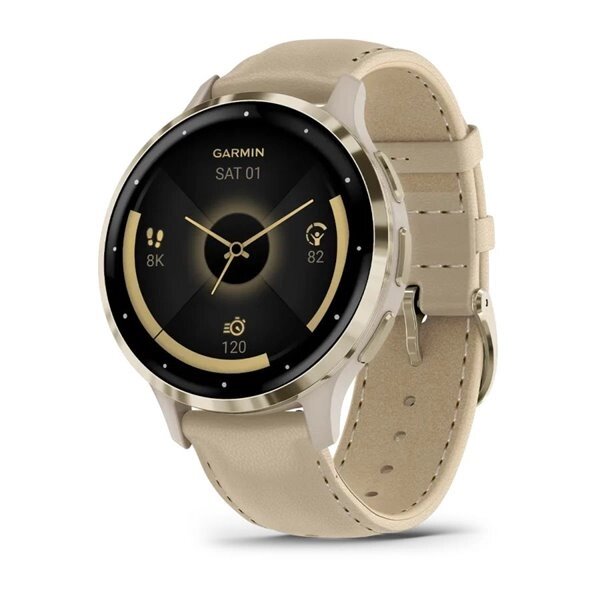 Смарт-годинник Garmin Venu 3s, золотистий сталевий безель з корпусом французького сірого кольору та шкіряним ремінцем від компанії Garmin - фото 1