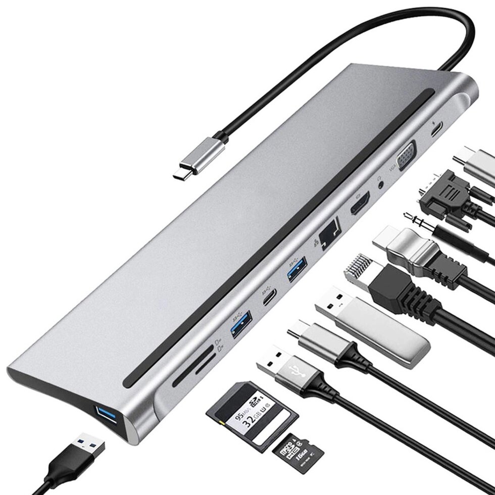 11в1: Багатопортовий USB Type-C хаб / підставка для ноутбука Addap MH-01: HDMI + USB A + PD + USB C + SD + RJ45 + VGA +  від компанії Гаджет Гік - Магазин гаджетів - фото 1