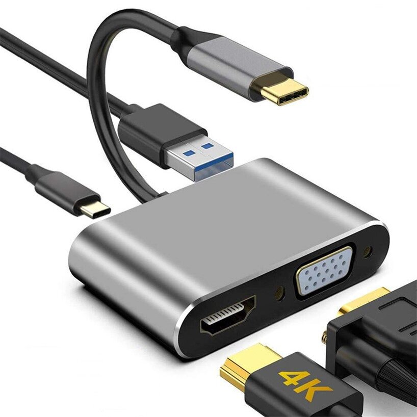 4в1: мультифункціональний адаптер USB Type-C для ноутбука Addap MH-02: HDMI + VGA + USB 3,0 + USB-C PD від компанії Гаджет Гік - Магазин гаджетів - фото 1