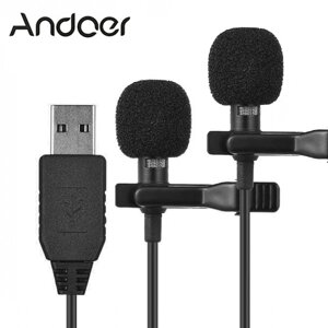 Двойной петличный микрофон Andoer EY-510D USB, 6 метров, петличка для ноутбука, компьютера, пк