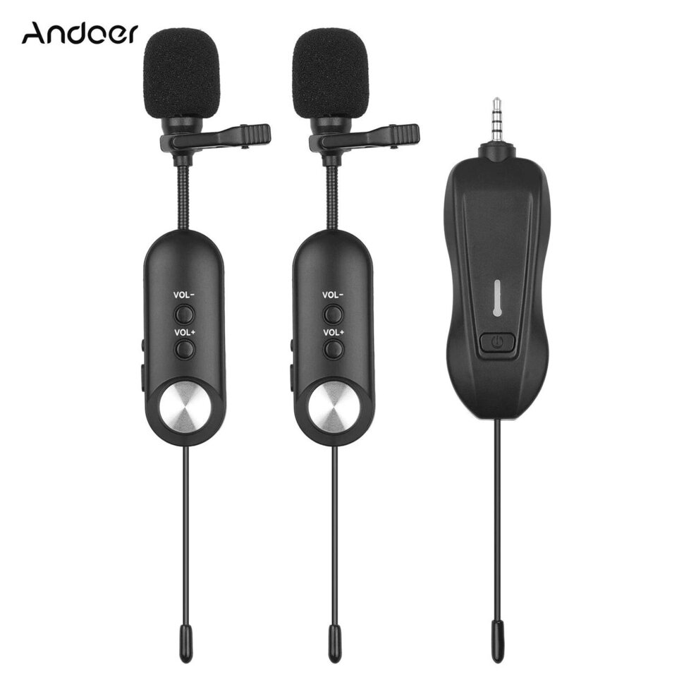 Комплект з 2-ма бездротовими петличними мікрофонами Andoer BM-02-2 для телефону, смартфона, до 20 метрів від компанії Гаджет Гік - Магазин гаджетів - фото 1