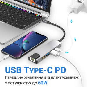 Мультифункціональний USB Type-C хаб / розгалужувач Addap MH-09, концентратор 5в1: 2 x USB 3,0 + Type-C + HDMI +