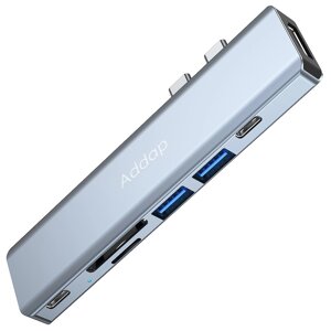 USB Type-C хаб 7в1 Addap MH-10, порт-реплікатор для Macbook на 7 портів: 2 x USB 3,0 + 2 x Type-C + HDMI + SD + MicroSD