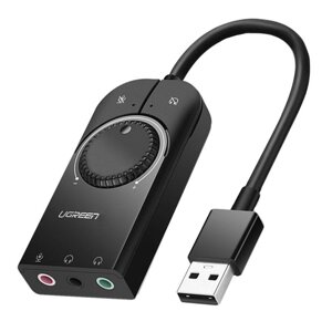 Зовнішня USB звукова карта Ugreen CM129 з регулятором гучності | Аудіо-адаптер на 3 порти 3,5 мм Jack