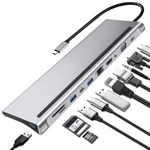 11в1: Багатопортовий USB Type-C хаб / підставка для ноутбука Addap MH-01: HDMI + USB A + PD + USB C + SD + RJ45 + VGA +