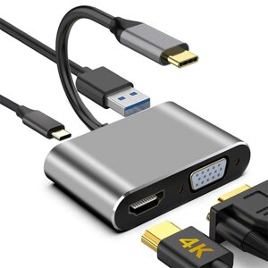 4в1: мультифункціональний адаптер USB Type-C для ноутбука Addap MH-02: HDMI + VGA + USB 3,0 + USB-C PD
