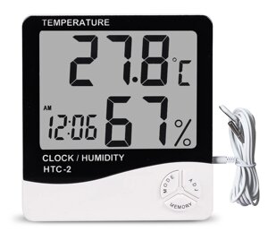 Електронний цифровий термометр гігрометр з виносним датчиком і годинами Uchef HTC-2, версія 1