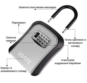 Підвісний металевий міні сейф для ключів uSafe KS-05, з гачком і паролем, Сірий