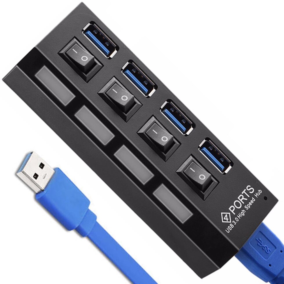 USB 3,0 Hub | Хаб на 4 USB порты с переключателем Addap UH-02, Черный ##от компании## Гаджет Гік - Магазин гаджетів - ##фото## 1