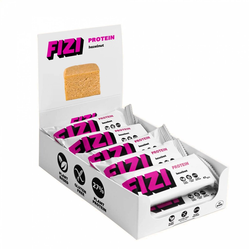 Батончики протеїнові FIZI Protein Bar 10х45g Hazelnut (1086-2022-10-0332) від компанії Придбай - фото 1