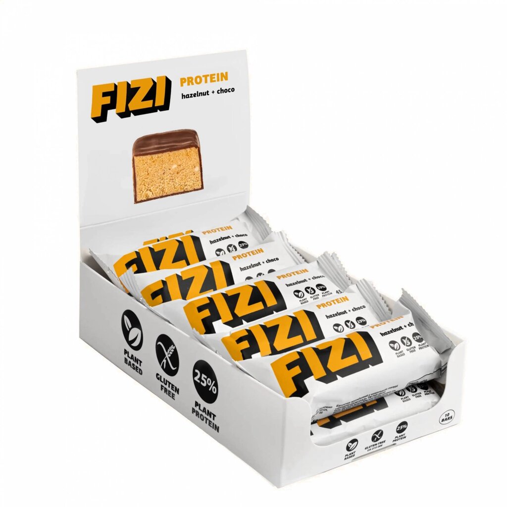 Батончики протеїнові FIZI Protein Bar 10х45g Hazelnut-Choco (1086-2022-10-0334) від компанії Придбай - фото 1