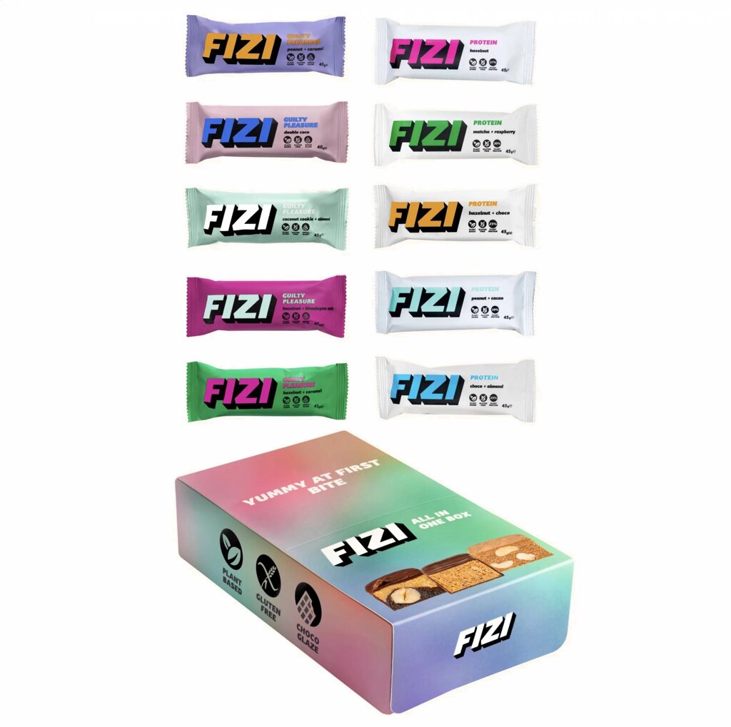 Батончики шоколадні та протеїнові FIZI All In One Box 10x45g (1086-2022-10-0934) від компанії Придбай - фото 1