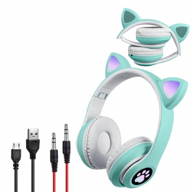 Бездротові Bluetooth навушники з вушками Cute Headset CH-28J підсвічування RGB і MP3 плеєр MicroSD FM-Радіо М'ятні від компанії Придбай - фото 1