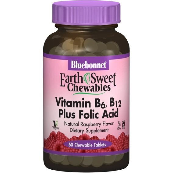 Фолієва кислота Bluebonnet Nutrition Vitamin B6, B12 + Folic Acid 60 Chewable Tabs Natural Raspberry Flavor BLB0445 від компанії Придбай - фото 1