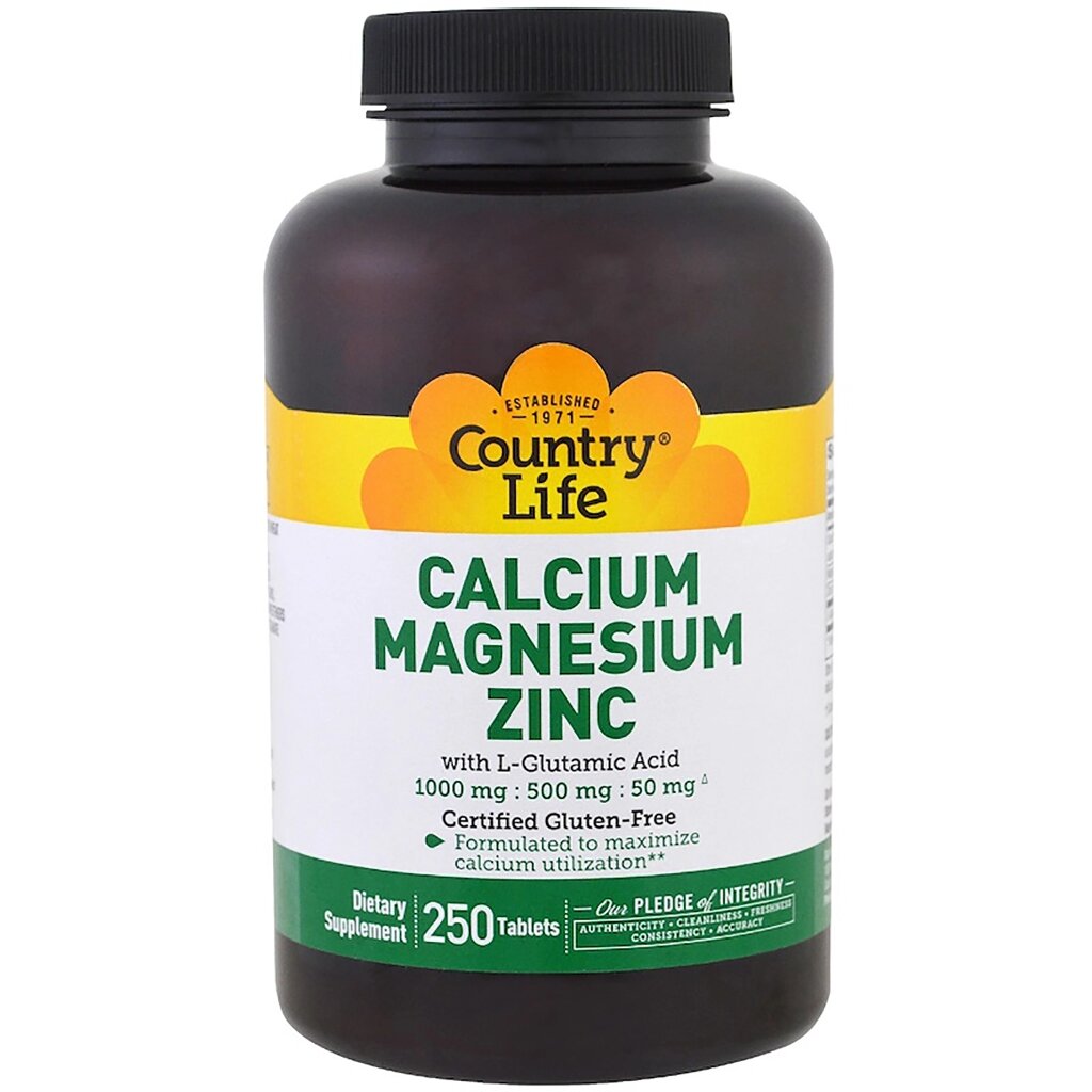 Кальцій, Магній та Цинк з L-Глютаміном, Calcium Magnesium Zync, Country Life, 250 таблеток від компанії Придбай - фото 1