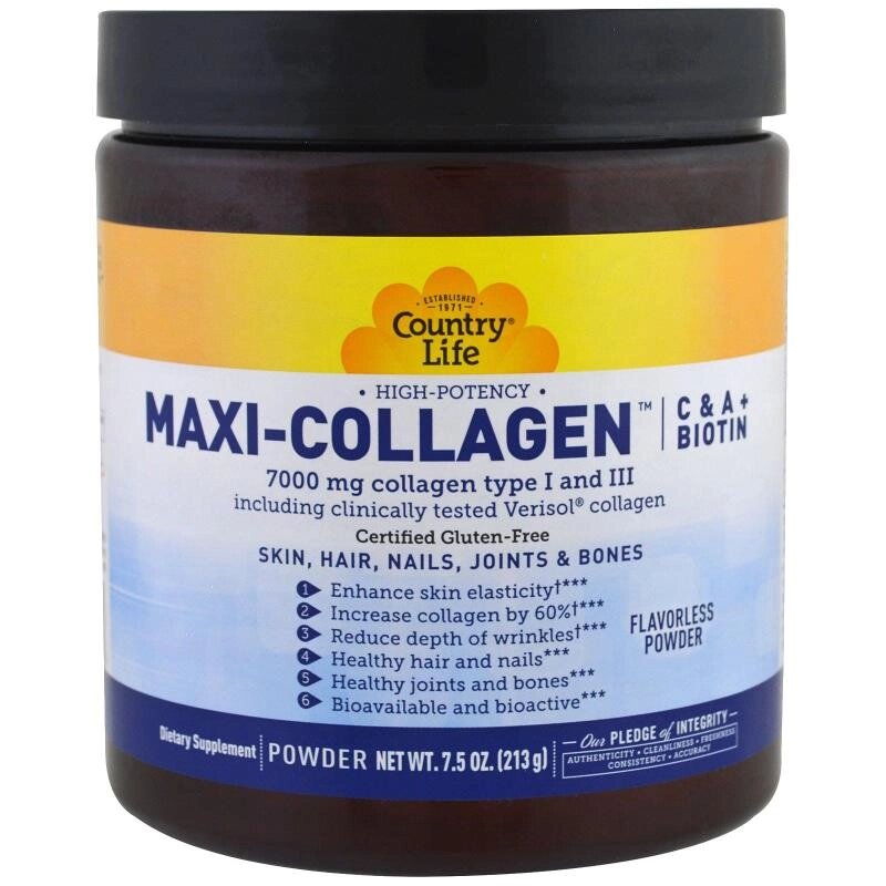 Колаген 1 і 3 Типів + Біотин Maxi Collagen Country Life 7,5 унцій 210 гр від компанії Придбай - фото 1