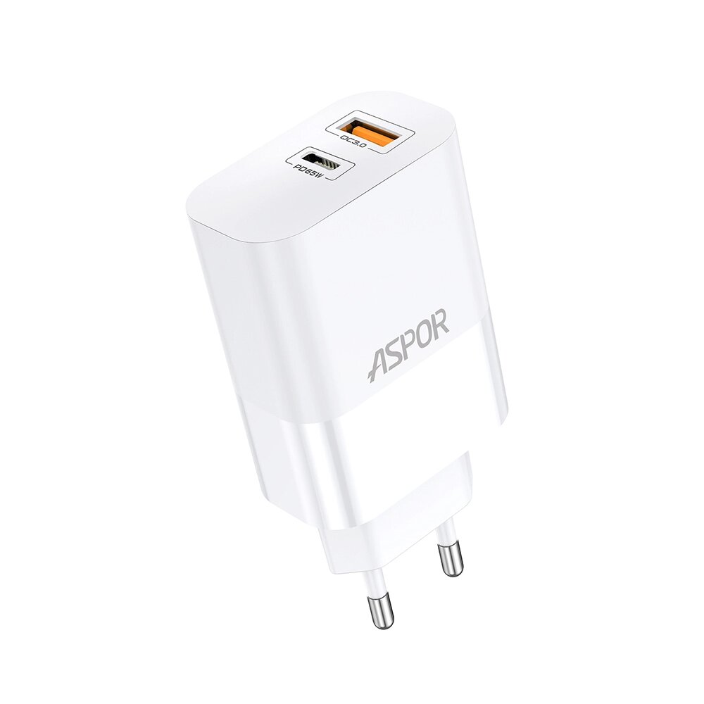 Мережеве зарядний пристрій Aspor A851 Universal Travel Charge (USB/USB-C/3A/65W)- білий від компанії Придбай - фото 1