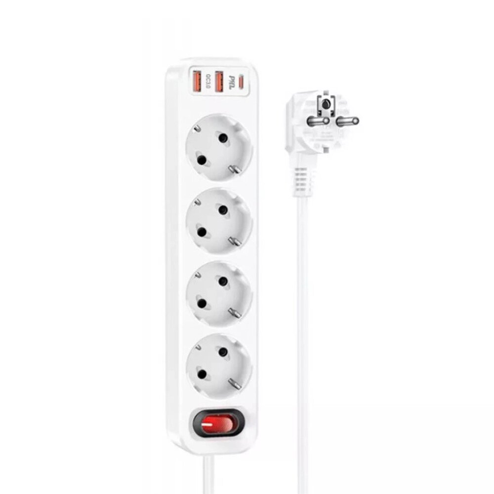 Мережевий фільтр Hoco NS1 Aura 4-bit PD 20W 2xUSB+Type-C 1.8m (white) від компанії Придбай - фото 1