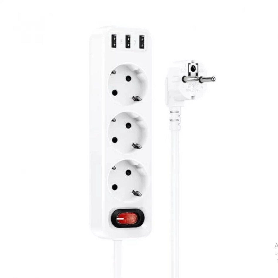 Мережевий фільтр Hoco NS2 (3 розетки + 3 USB) 1.8m (white) від компанії Придбай - фото 1