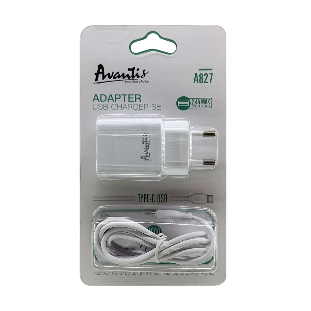 Мережевий зарядний пристрій Avantis A827 (1USB/2,4A) + USB кабель Type-C-білий від компанії Придбай - фото 1