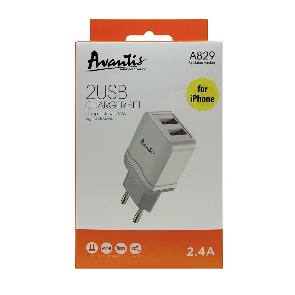 Мережевий зарядний пристрій Avantis A829 (2USB/2.4A) + USB кабель Lightning- білий від компанії Придбай - фото 1