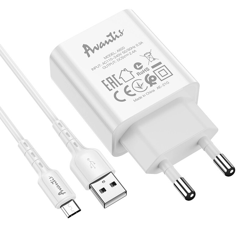 Мережевий зарядний пристрій кабель Avantis A820 (1USB/2.4A) + USB Micro-білий від компанії Придбай - фото 1