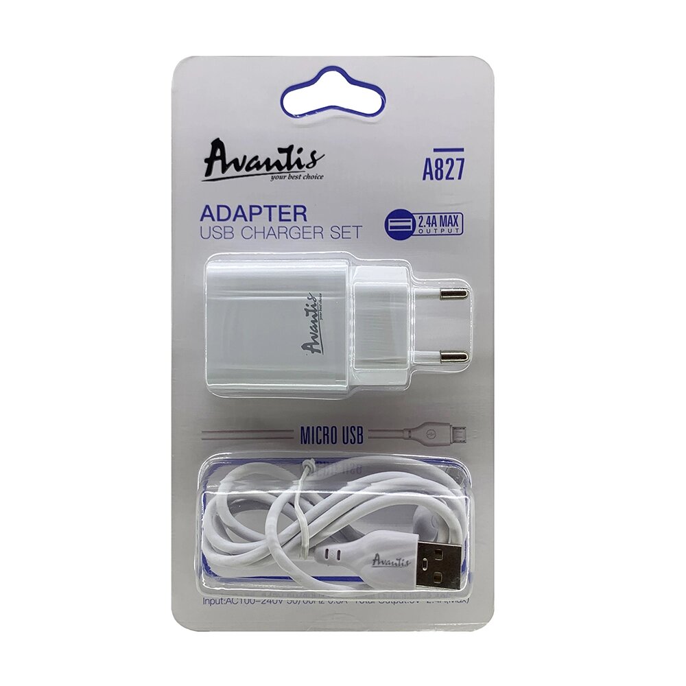 Мережевий зарядний пристрій кабель Avantis A827 (1USB/2,4A) + USB Micro-білий від компанії Придбай - фото 1