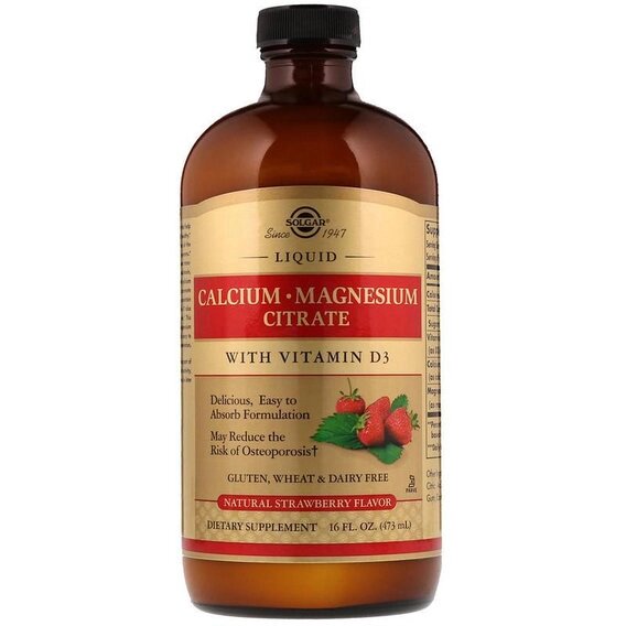 Мікроелемент Кальцій Solgar Calcium Magnesium Citrate with Vitamin D3 Liquid 16 fl oz 473 ml Natural Strawberry Flavor від компанії Придбай - фото 1