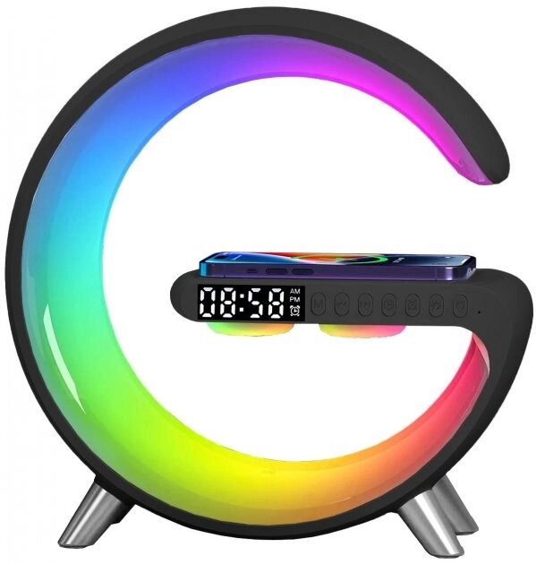 Настільна смарт лампа-нічник G-Smart RGB з годинником бездротової зарядки 15W Bluetooth-колонкою 3W (GL-Black) від компанії Придбай - фото 1