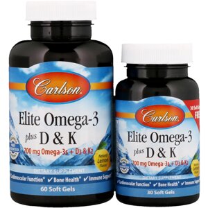 Омега 3 + вітамін Д3 і вітамін К Omega-3 Plus D & K Carlson Labs 60+30 гелевих капсул