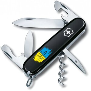 Складаний ніж Victorinox Spartan Ukraine 91мм 12 функцій Чорний Тризуб фігурний на тлі прапора (1.3603.3_T1026u)