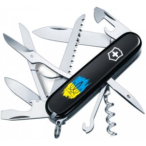 Складаний ніж Victorinox Huntsman Ukraine 91мм 15 функцій Чорний Тризуб фігурний на тлі прапора (1.3713.3_T1026u)