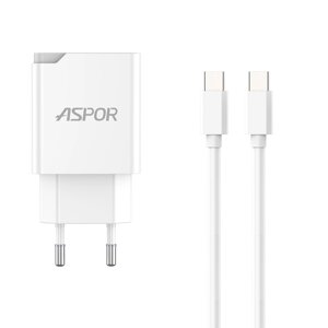 Мережевий зарядний пристрій Aspor A826 PD (20W/USB/Type-C) + кабель Type-C – Type-C- білий