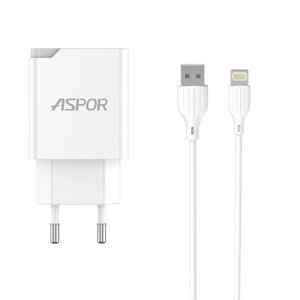 Мережевий зарядний пристрій Aspor A826 PD (20W/USB/Type-C) + кабель USB – Lightning- білий