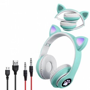 Бездротові Bluetooth навушники з вушками Cute Headset CH-28J підсвічування RGB і MP3 плеєр MicroSD FM-Радіо М'ятні